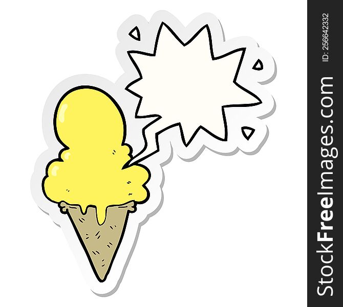 cartoon ice cream with speech bubble sticker. cartoon ice cream with speech bubble sticker