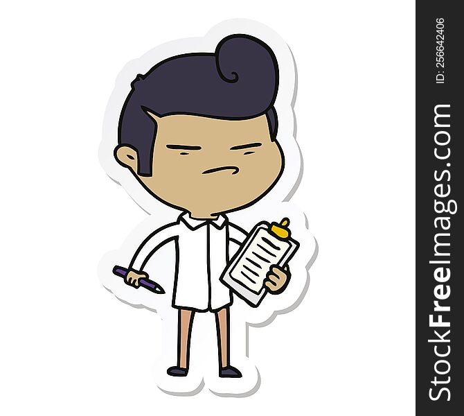 Sticker Of A Cartoon Cool Guy With Fashion Hair Cut And Clip Board