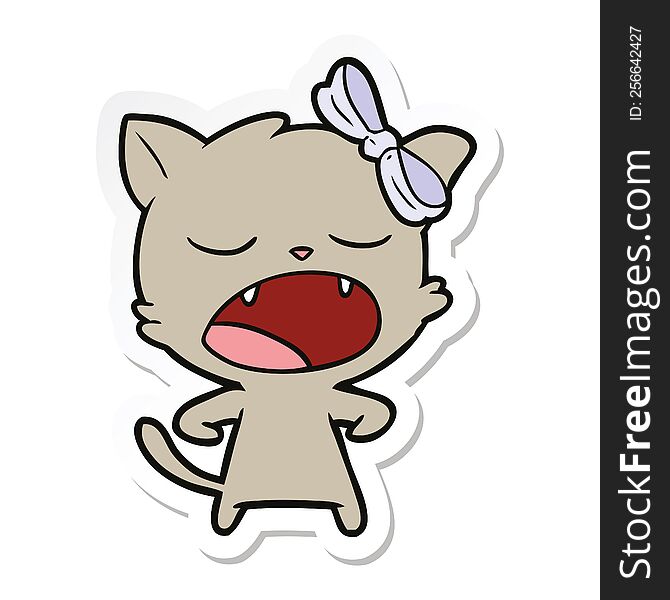 Sticker Of A Cartoon Yawning Cat