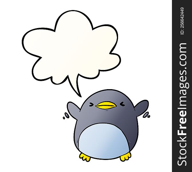 Cute Cartoon Penguin Flapping Wings And Speech Bubble In Smooth Gradient Style