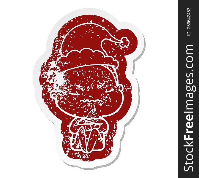 quirky cartoon distressed sticker of a annoyed old lady wearing santa hat