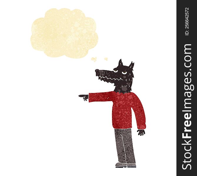 Cartoon Wolf Man Pointing With Thought Bubble