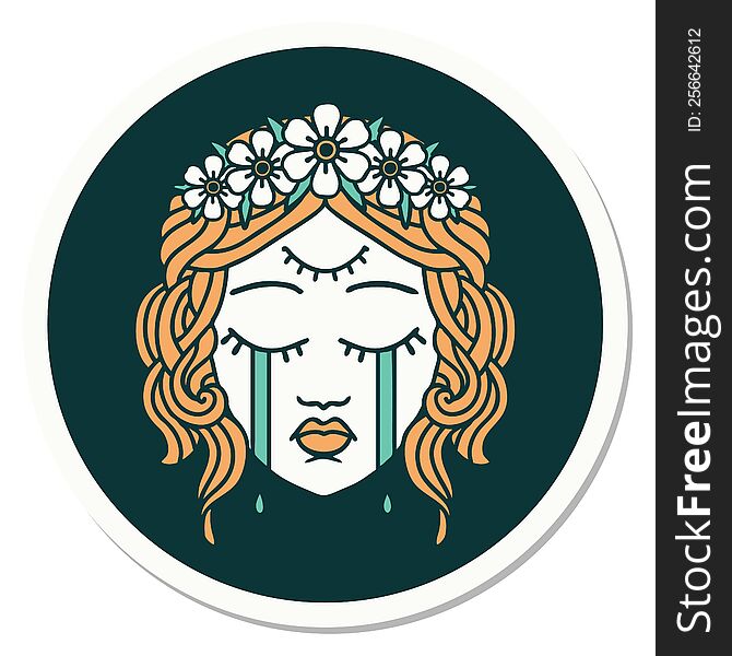 sticker of tattoo in traditional style of female face with third eye and crown of flowers cyring. sticker of tattoo in traditional style of female face with third eye and crown of flowers cyring