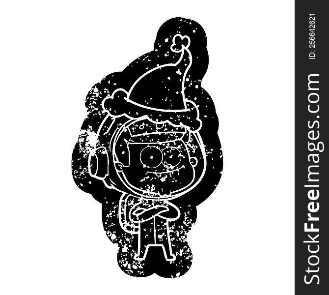 happy astronaut quirky cartoon distressed icon of a wearing santa hat