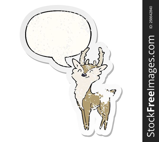 Cartoon Happy Stag And Speech Bubble Distressed Sticker