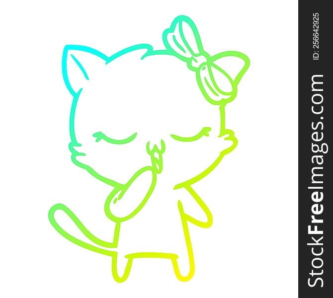 cold gradient line drawing cartoon cat with bow on head