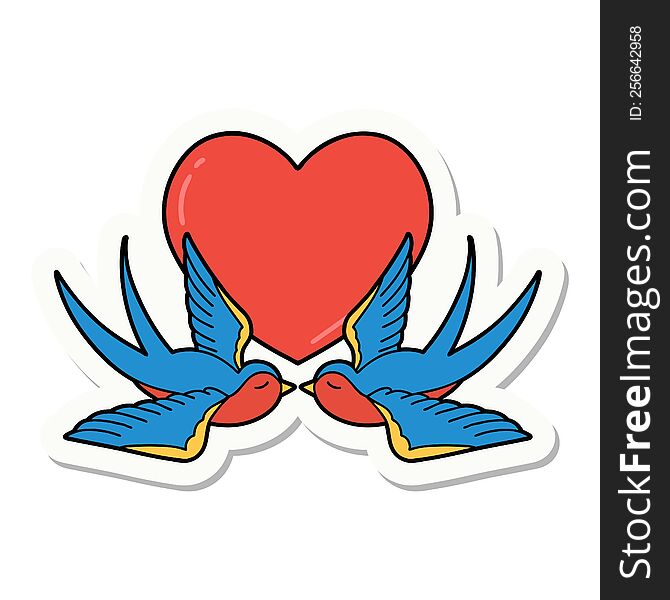 sticker of tattoo in traditional style of swallows and a heart. sticker of tattoo in traditional style of swallows and a heart