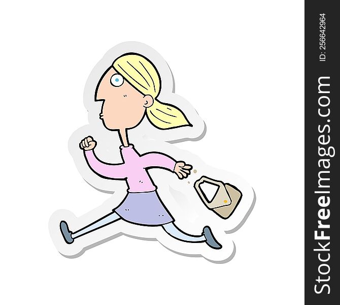 Sticker Of A Cartoon Running Woman Stressed