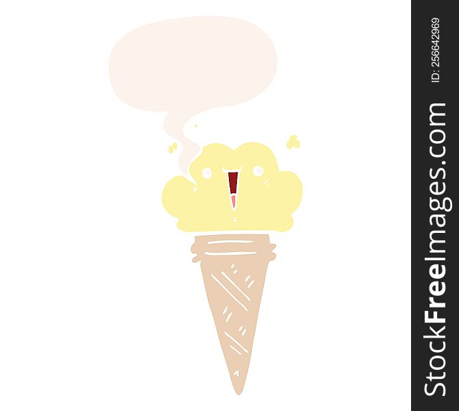 Cartoon Ice Cream And Face And Speech Bubble In Retro Style