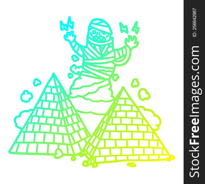 cold gradient line drawing of a cartoon mummy and pyramids