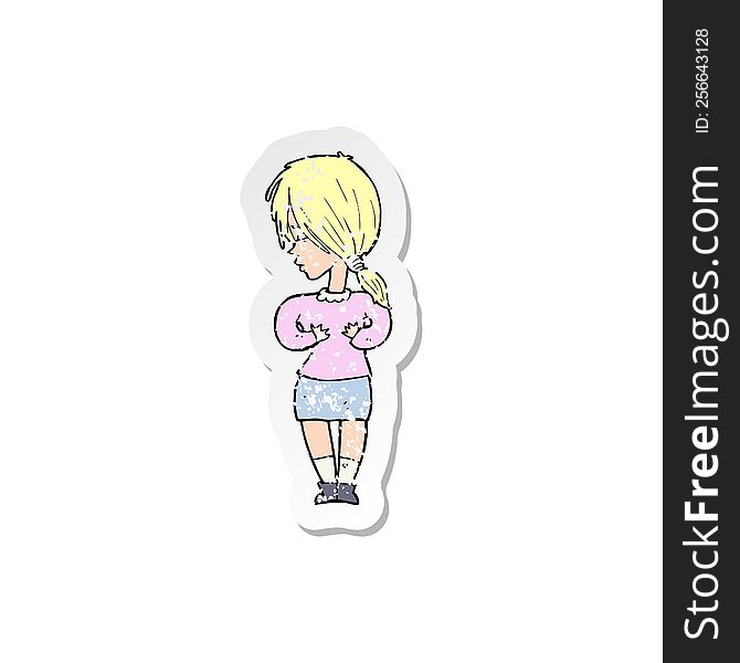 retro distressed sticker of a cartoon shy woman
