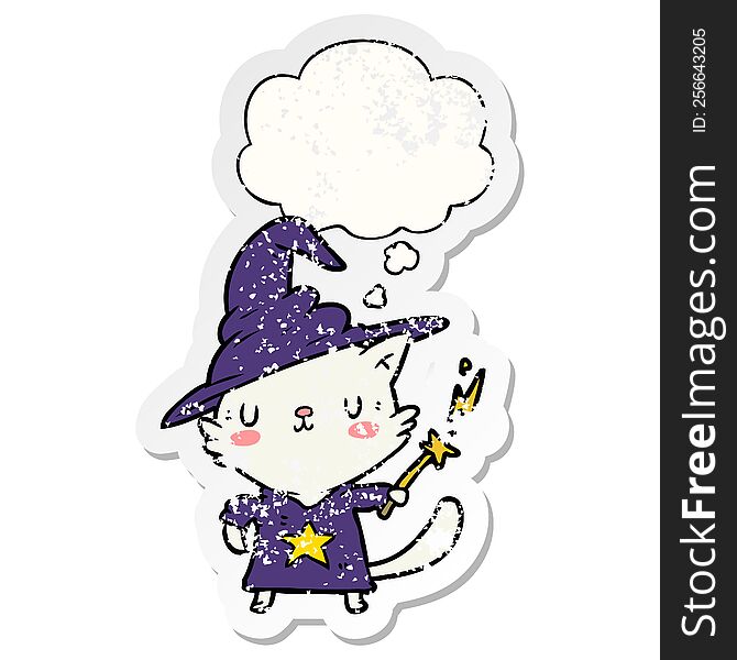 Cartoon Cat Wizard And Thought Bubble As A Distressed Worn Sticker