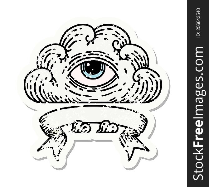 Grunge Sticker With Banner Of An All Seeing Eye Cloud