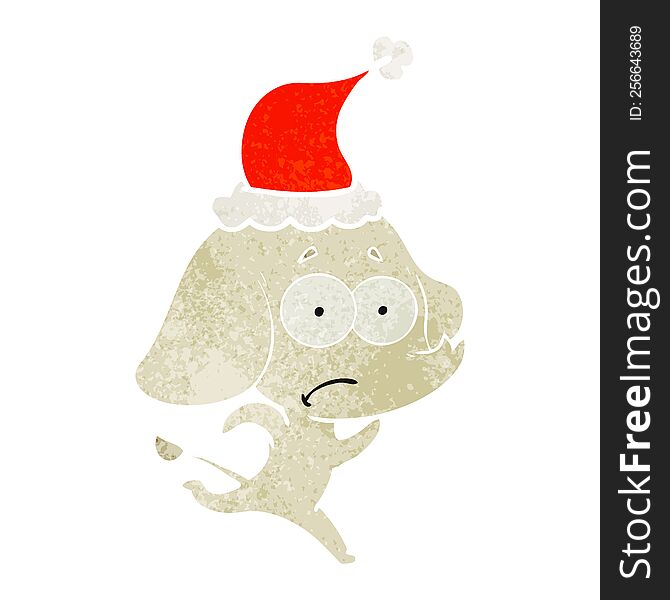 Retro Cartoon Of A Unsure Elephant Running Away Wearing Santa Hat