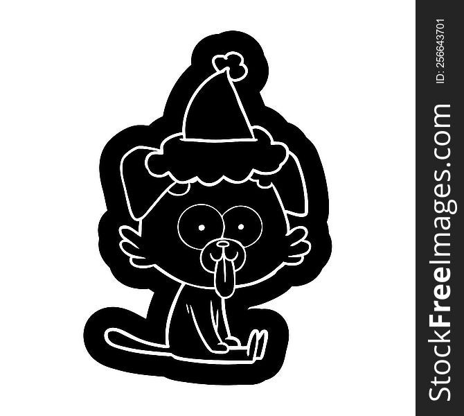 cartoon icon of a sitting dog with tongue sticking out wearing santa hat