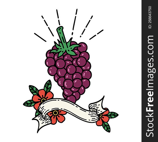 scroll banner with tattoo style bunch of grapes