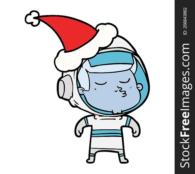 hand drawn line drawing of a confident astronaut wearing santa hat