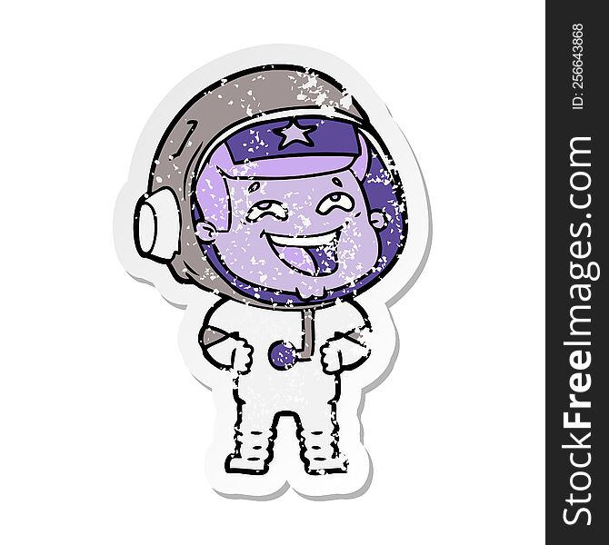 Distressed Sticker Of A Cartoon Laughing Astronaut