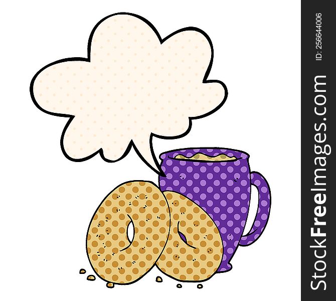 cartoon coffee and donuts with speech bubble in comic book style