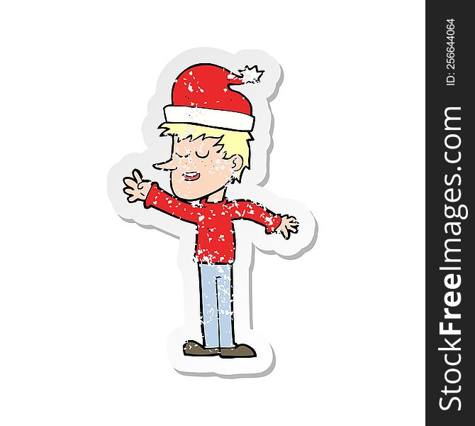 Retro Distressed Sticker Of A Cartoon Man Ready For Christmas