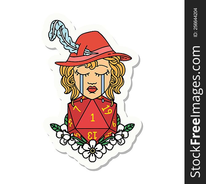 sticker of a crying human bard with natural one D20 dice roll. sticker of a crying human bard with natural one D20 dice roll