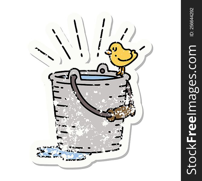 worn old sticker of a tattoo style bird perched on bucket of water. worn old sticker of a tattoo style bird perched on bucket of water
