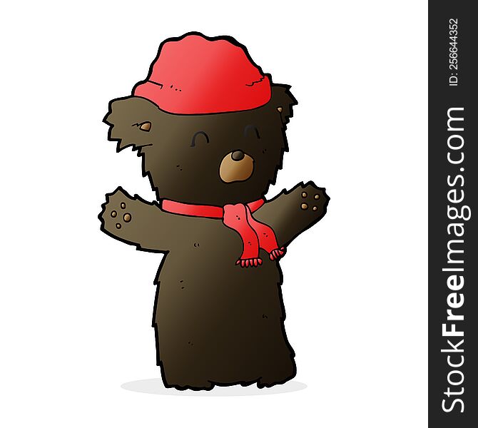 Cartooon Cute Black Bear In Hat And Scarf