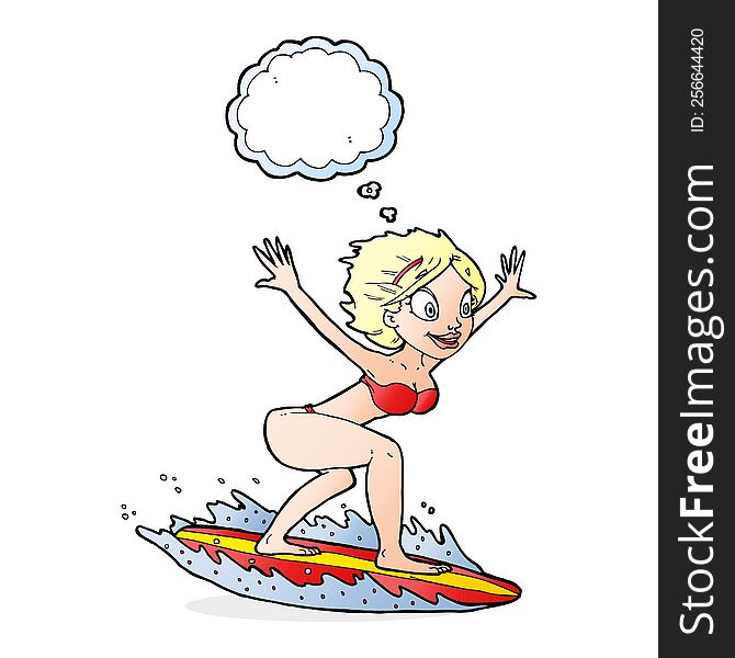 cartoon surfer girl with thought bubble