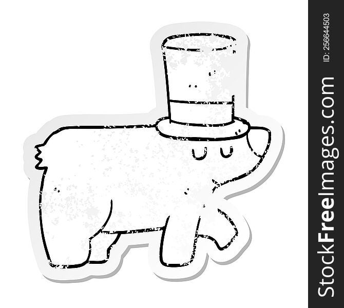 Distressed Sticker Of A Cartoon Bear Wearing Top Hat