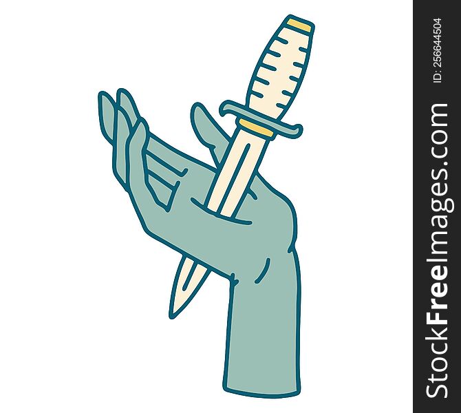 iconic tattoo style image of a dagger in the hand. iconic tattoo style image of a dagger in the hand