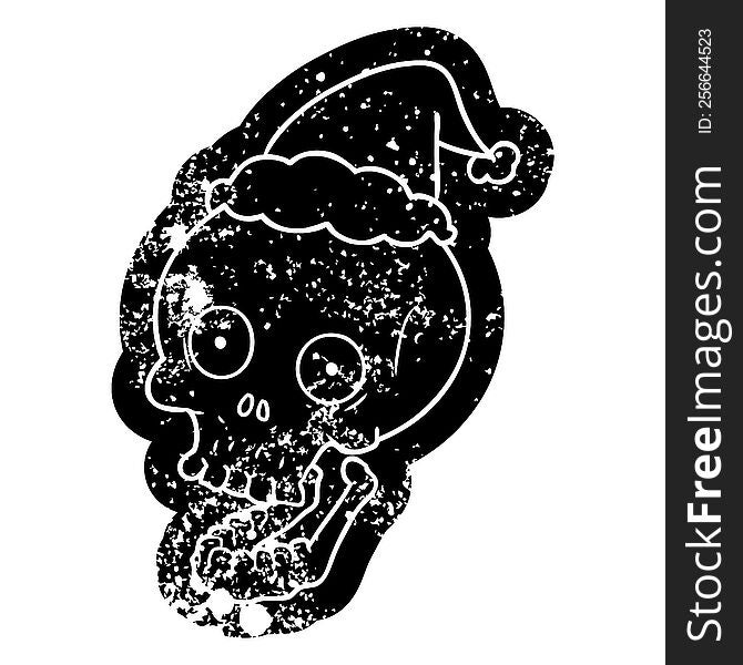 Cartoon Distressed Icon Of A Skull Wearing Santa Hat