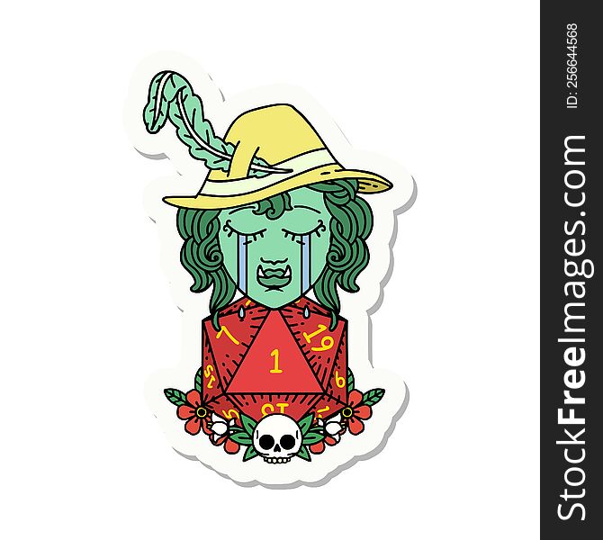 sticker of a crying bard orc bard character with natural one D20 roll. sticker of a crying bard orc bard character with natural one D20 roll