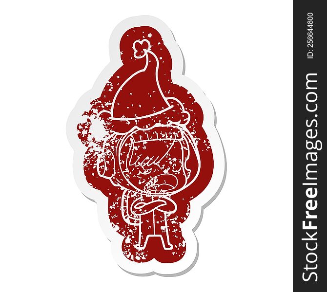 cartoon distressed sticker of a astronaut woman explaining wearing santa hat