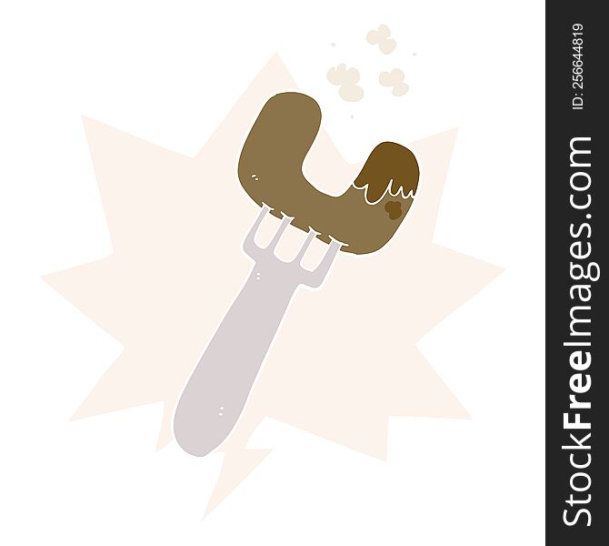 Cartoon Sausage On Fork And Speech Bubble In Retro Style