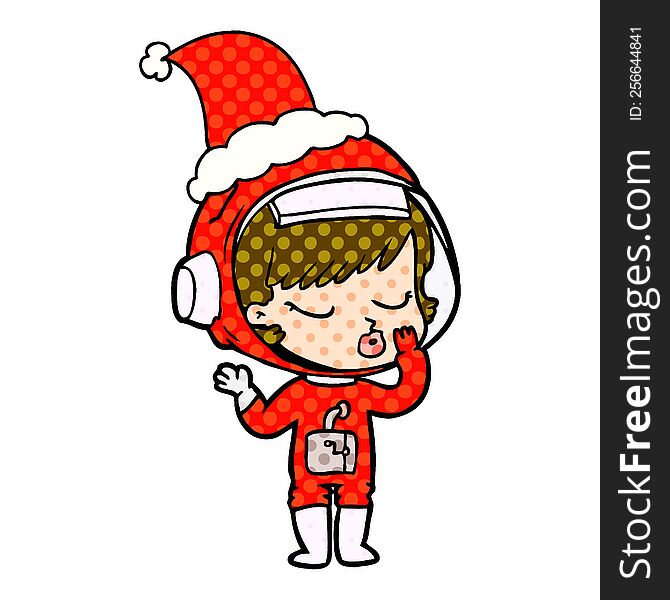 comic book style illustration of a pretty astronaut girl wearing santa hat