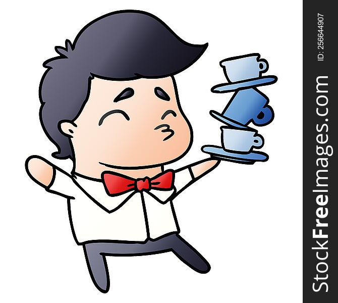 gradient cartoon illustration of a kawaii cute waiter. gradient cartoon illustration of a kawaii cute waiter