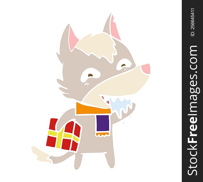 flat color style cartoon hungry wolf holding christmas present
