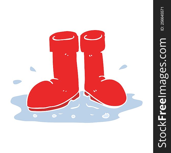 flat color illustration of a cartoon wellington boots in puddle