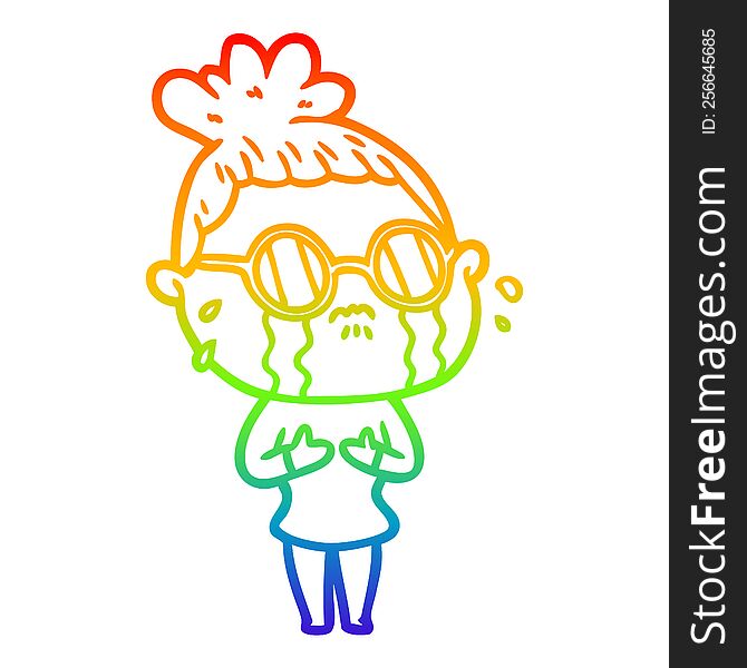 rainbow gradient line drawing cartoon crying woman wearing dark glasses