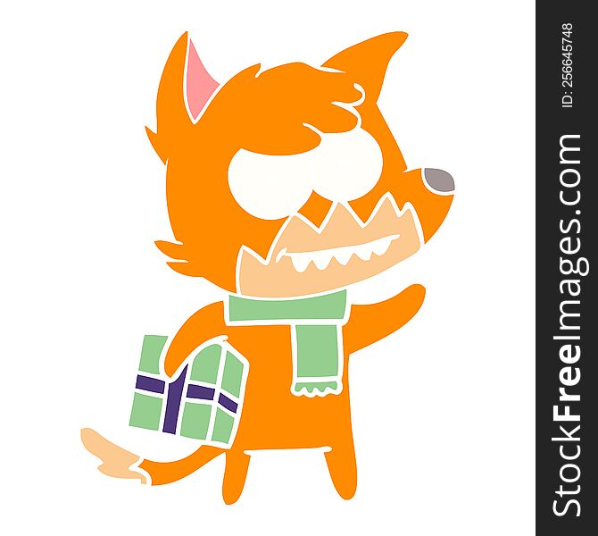 Flat Color Style Cartoon Grinning Fox With Christmas Present