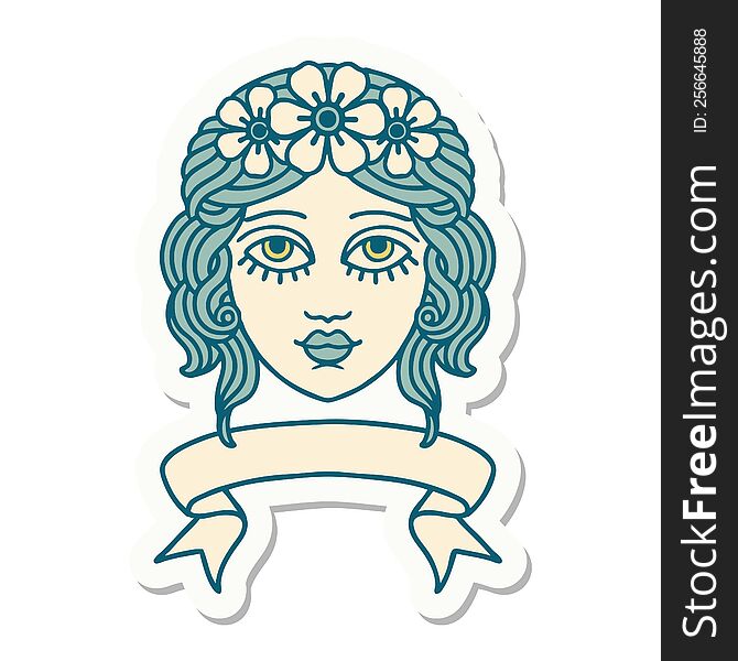 Tattoo Sticker With Banner Of Female Face With Crown Of Flowers