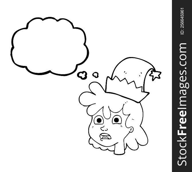 freehand drawn thought bubble cartoon stressed woman wearing santa hat. freehand drawn thought bubble cartoon stressed woman wearing santa hat