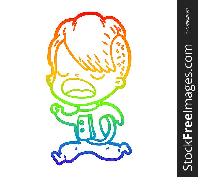 rainbow gradient line drawing of a cartoon cool hipster girl in space suit