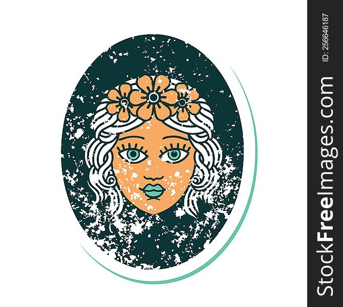 iconic distressed sticker tattoo style image of a maiden with crown of flowers. iconic distressed sticker tattoo style image of a maiden with crown of flowers