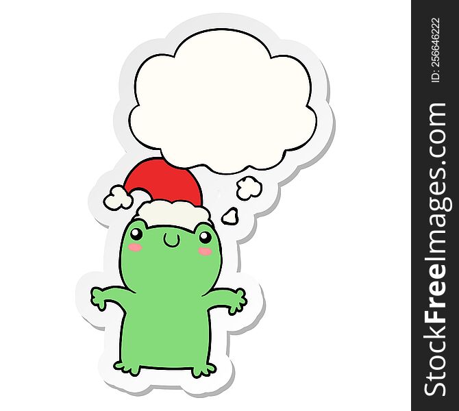 cute cartoon frog wearing christmas hat with thought bubble as a printed sticker