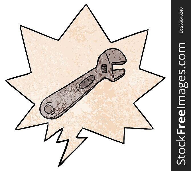 cartoon spanner and speech bubble in retro texture style