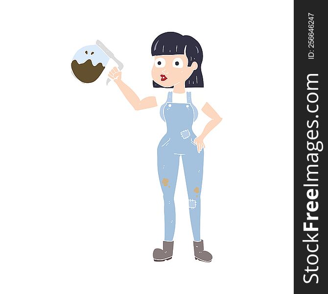 Flat Color Illustration Of A Cartoon Woman In Dungarees With Coffee