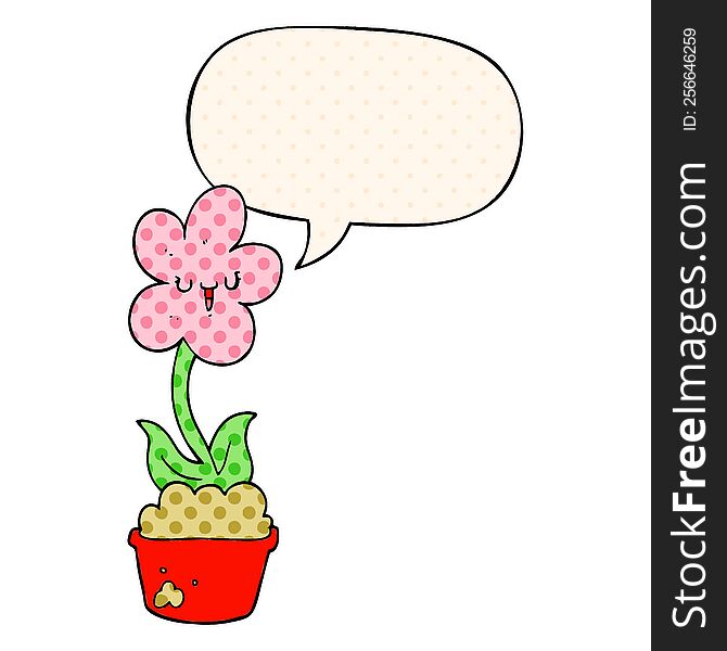 cute cartoon flower with speech bubble in comic book style