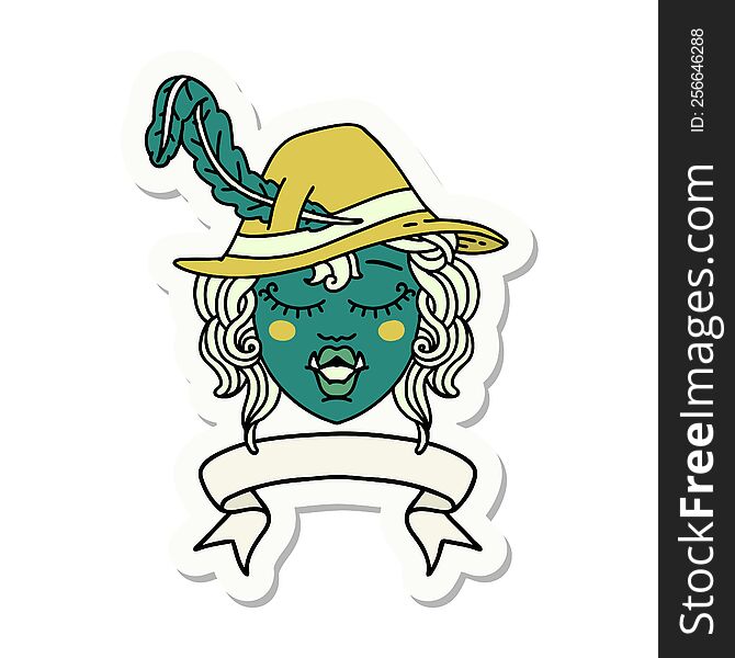 sticker of a singing half orc bard character with banner. sticker of a singing half orc bard character with banner