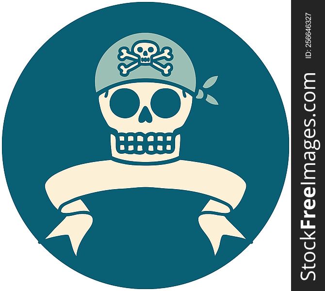 tattoo style icon with banner of a pirate skull